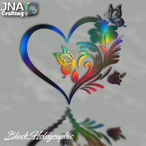 May include: A rainbow holographic heart-shaped design with a floral pattern and two butterflies. The design is on a gray background.