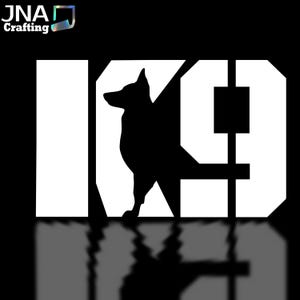 May include: White silhouette of a dog with the number 19 behind it. The dog is facing left and has its tail curled around its legs. The number 19 is in a bold, blocky font.