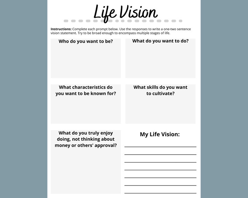 Life Vision Worksheet Personal Life Vision Development Tool Individual ...