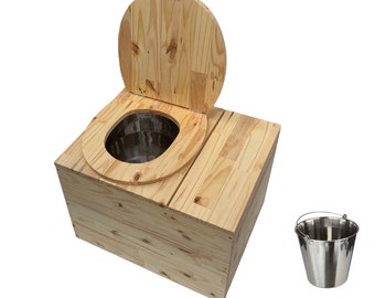 Toilette sèche en bois massif avec compartiment à copeaux intégré - Seau inox