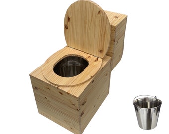 Toilettes sèches en bois massif avec compartiment copeaux à l’arrière - Seau inox - Neuf