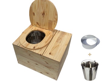 Toilette sèche en bois massif avec compartiment copeaux intégré - Seau + bavette inox