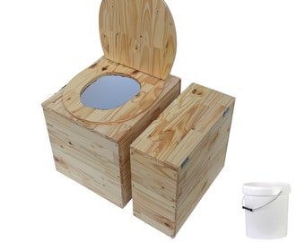 Toilette sèche compacte en bois massif avec compartiment copeaux indépendant - Seau plastique