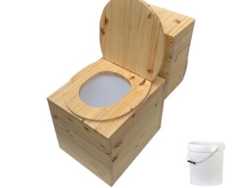 Toilettes sèches en bois massif avec compartiment copeaux à l’arrière - Seau plastique -Neuf