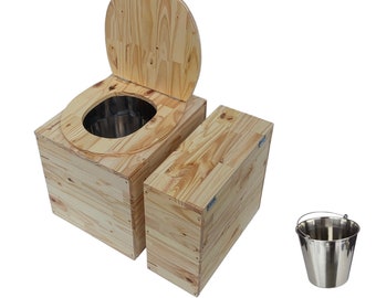 Toilette sèche compacte en bois massif avec compartiment copeaux indépendant - Seau inox