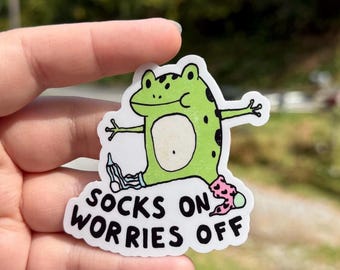 Socks on worries off frog sticker, Funny sticker, water bottle sticker, mental health sticker, frog lover gift for friends, neurospicy frog