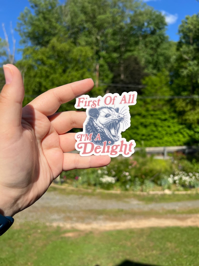 Pu&ograve; includere: Un adesivo bianco con un'illustrazione in bianco e nero di un opossum con la bocca aperta. Il testo "First of All" &egrave; in rosa sopra l'opossum e il testo "I'm a Delight" &egrave; in rosa sotto l'opossum.
