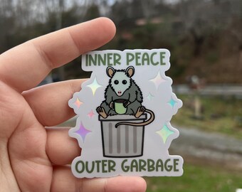 Inner peace outer garbage possum sticker, Funny sticker, water bottle sticker, mental health sticker, possum lover gift, holographic sticker