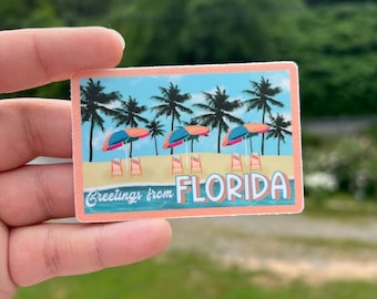 Greetings from Florida postcard sticker, Florida gifts, travel stickers for luggage, beach lover gift for women, beach sticker for women