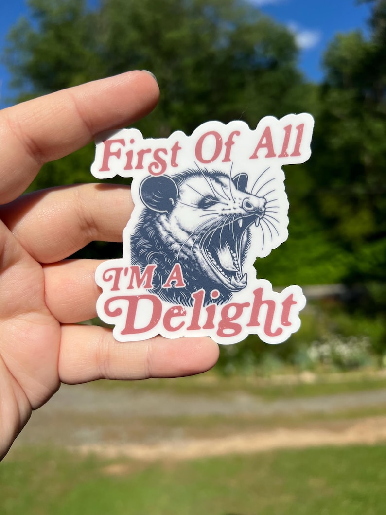 Pu&ograve; includere: Un adesivo bianco con un'illustrazione in bianco e nero di un opossum con la bocca aperta. Il testo "First Of All I'm A Delight" &egrave; scritto in rosso sull'adesivo.