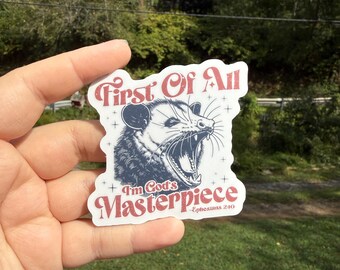 First of all I’m God’s masterpiece possum sticker,Funny sticker, water bottle sticker, Christian gift for friends, Christian sticker