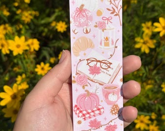 Cozy fall pink aesthetic laminated bookmark, autumn lovers gift, bookish fall bookmark, autumn aesthetic bookmark, cozy bookmark