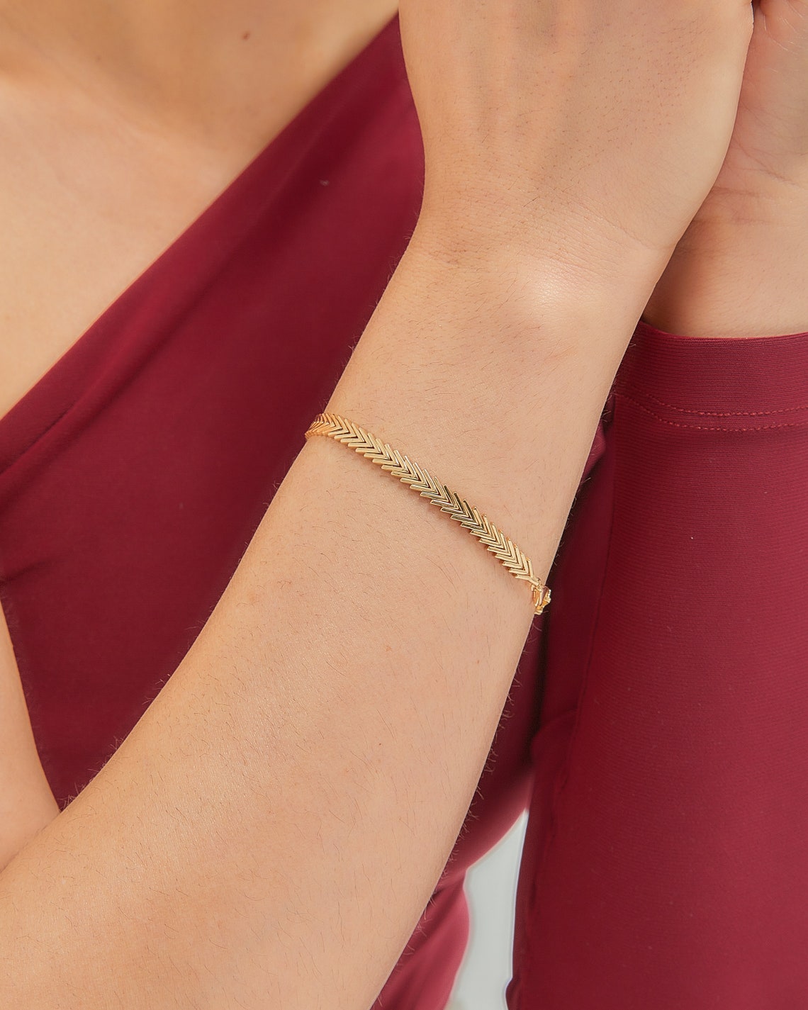 14K Solid Gold Chevron Bracelet , Heavy Solid Gold Bracelet , Bold