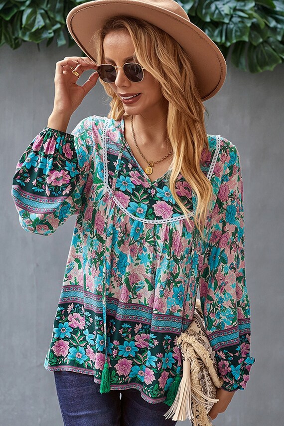 Floral Print V-neck Long Sleeve Blouse Peasant Blouse Boho - Etsy