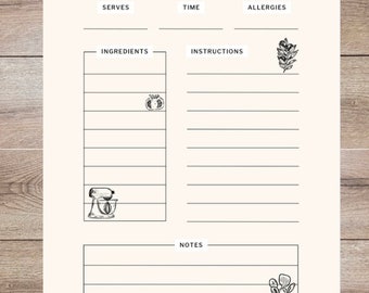 May include: A printable recipe card template with sections for serves, time, allergies, ingredients, instructions, and notes. The card features illustrations of a tomato, a kitchen mixer, a sprig of herbs, and a jar of kitchen utensils.