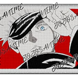 May include: A black and white illustration of a character from the anime series "Jujutsu Kaisen". The character has spiky white hair, blue eyes, and is wearing a black and white uniform with a black cap. The background is red with the Japanese word "呪" (Jujutsu) in white.