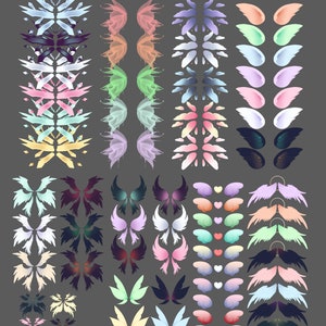 Puede incluir: Una colección de 40 ilustraciones digitales coloridas de alas en varios estilos, incluyendo alas de ángel, alas de hada y alas de demonio. Las alas son de varios colores, incluyendo rosa, azul, verde, amarillo y morado.
