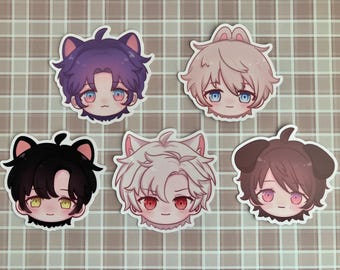 May include: Five anime-style stickers featuring cute character faces with animal ears. The stickers have different hair colors, including purple, black, and brown, and various eye colors. Each sticker has a white border and is set against a checkered background.
