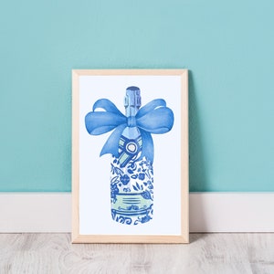 Niebieska sztuka ścienna Preppy Champagne | Sztuka kokardki Preppy | Cyfrowa sztuka ścienna Preppy Champagne
