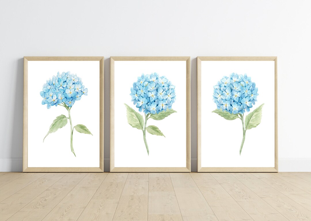 Water Color Hydrangea Prints | Watercolor Set of 3 | Blue Flower Wall ...