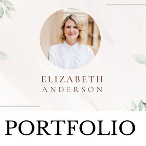 Puede incluir: Una mujer con cabello rubio sonríe en una foto de retrato. La foto está en un círculo con un fondo blanco. El texto "ELIZABETH ANDERSON" está debajo de la foto. El texto "PORTFOLIO" está debajo del nombre en una fuente más grande.