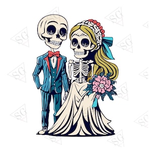 Skeleton Bride and Groom PNG Halloween Gothic Wedding Sublimation Design Digital Download Dark Art Clipart for T Shirt Mug Decor
