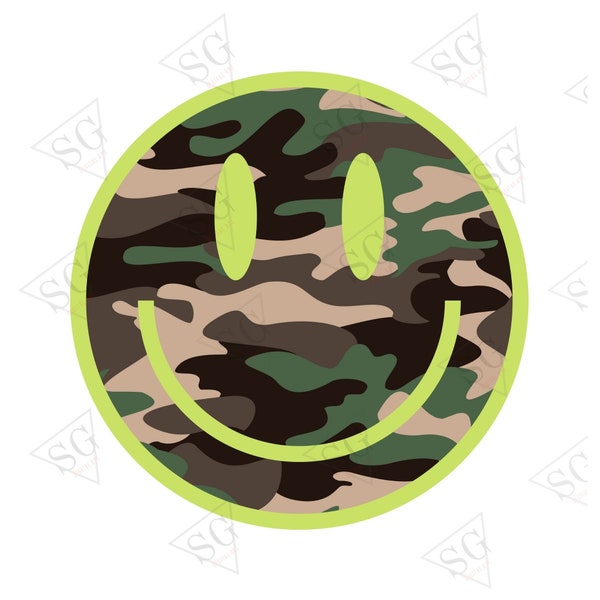 Camouflage Smiley Face Png, Happy Face png, Camo Transparent Png, Emoji Smile Sublimation Designs,Trendy Retro Colors Png