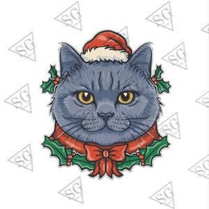 British Shorthair Cat Christmas PNG - British Blue Cat Santa Hat and Mistletoe Clipart - Xmas Cat Png Design pour l’artisanat et les imprimables