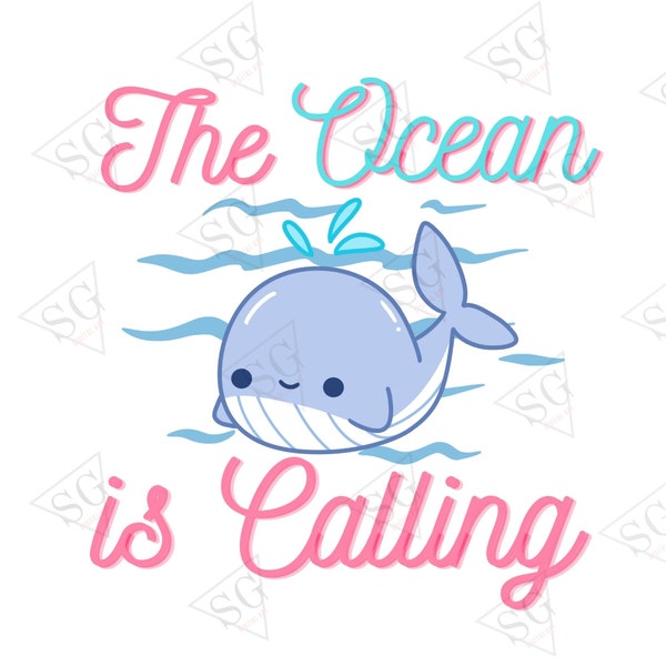 Cute Whale PNG with 'The Ocean is Calling' Typography - Humpback Whale Clipart - Coastal Nautical Nursery and Marine Life Design