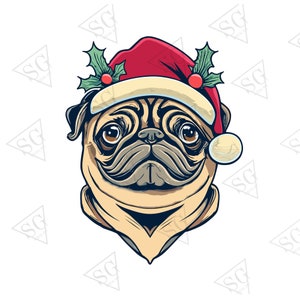 Pug Christmas Png - Pug Dog with Santa Hat and Mistletoe - Santa Pug Illustration - Holiday Joy Clipart - Adorable Xmas Pug Png Design