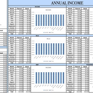 Könnte beinhalten: Eine Tabellenkalkulation mit einem Kreisdiagramm, das zeigt, wie Geld ausgegeben wird. Die Tabellenkalkulation hat Spalten für Monat, geplant und tatsächlich. Die Tabellenkalkulation ist in Abschnitte für Einkommen, Rechnungen, Ausgaben und Investitionen und Abonnements unterteilt. Jeder Abschnitt hat ein Balkendiagramm, das die geplanten Ausgaben im Vergleich zu den tatsächlichen Ausgaben zeigt.