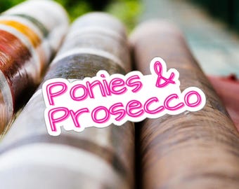 May include: Close-up of three cylindrical objects with a blurred background. The objects have a variety of colors and patterns, including stripes and a wood-grain appearance. A pink and white sticker with the words "Ponies & Prosecco" is in the foreground.