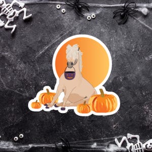 May include: A Halloween-themed sticker featuring a tan horse with a purple candy bucket, sitting in front of an orange moon and pumpkins. The sticker has a white border. The background is black with spiderwebs, spiders, and skeleton decorations.