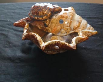 Vintage Glazed Ceramic Turtle & Sea Shell Tea Light Holder
