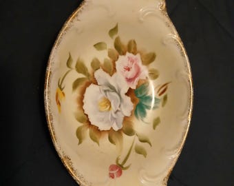 Vintage Porcelain Hand Painted Roses Candy Dish Bowl