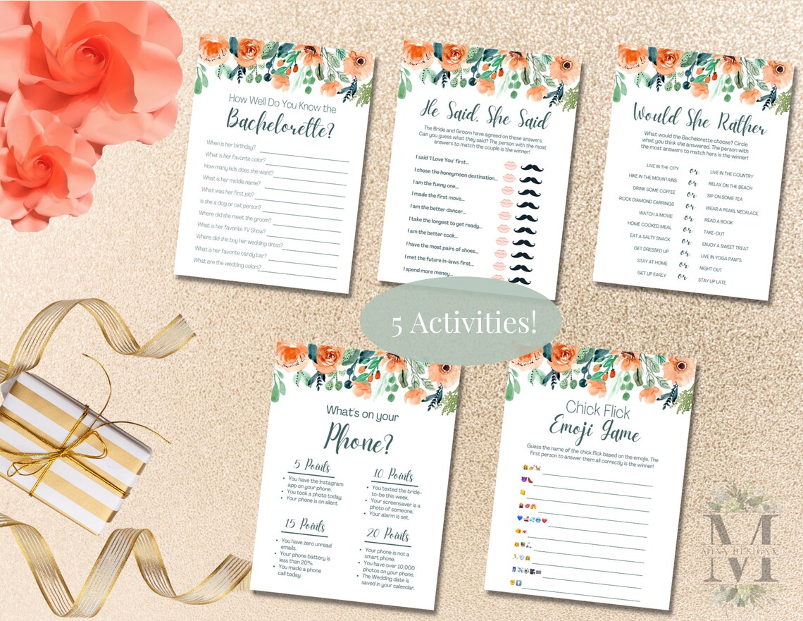 Bundle Bachelorette Party Games, Clean Bachelorette Activities, Floral