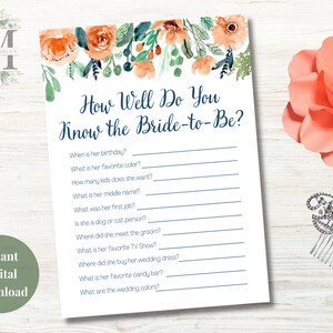 Bundle Bridal Shower Games, Bridal Shower Activities, Peach Blue Floral Games, 8 Pack Digital Download, Instant Download Games