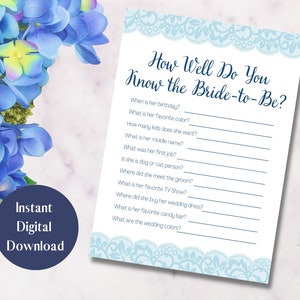 May include: A printable bridal shower game with a blue lace border and the text "How Well Do You Know the Bride-to-Be?" with a list of questions about the bride.