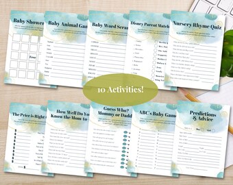 Bundle of Baby Shower Games, Watercolor Baby Shower Activities, Blue and Gold Baby Sprinkle Games, Instant Digital Download, Print at Home