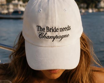 the bride needs champagne, embroidered bride hat, bachelorette party favors, bride gift, bridal gifts