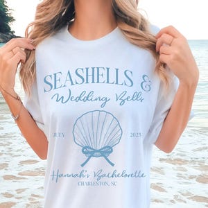 seashells and wedding bells bachelorette party shirts, coastal bachelorette, last toast on coast, custom luxury bach, last splash favors