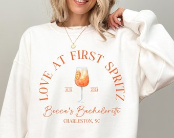 love at first spritz bachelorette sweatshirts, luxury bachelorette bridal party favors, feeling spritzy, italy bachelorette, aperitivo bach