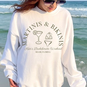 bikinis and martinis bachelorette party shirts, custom location luxury bachelorette, martinis and matrimony, bridal party favors crewneck