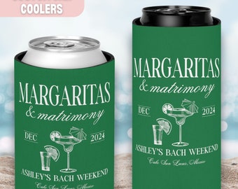personalized bachelorette can cooler, bachelorette party favors, margs and matrimony, beach bachelorette, custom bachelorette gifts