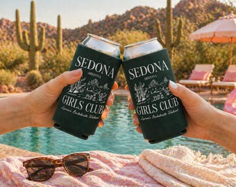 custom bridal party drink sleeves, personalized can coolers, desert bachelorette, sedona girls weekend