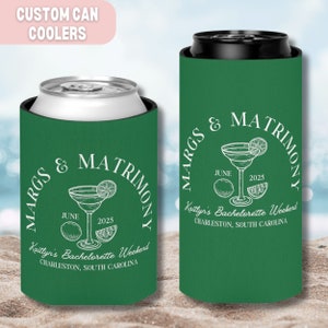 personalized bachelorette can cooler, bachelorette party favors, margs and matrimony, beach bachelorette, custom bachelorette gifts