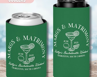 personalized bachelorette can cooler, bachelorette party favors, margs and matrimony, beach bachelorette, custom bachelorette gifts