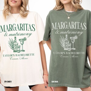 custom location bachelorette shirts, margaritas and matrimony bridal party tshirts, mexico bachelorette, final fiesta beach bachelorette tee