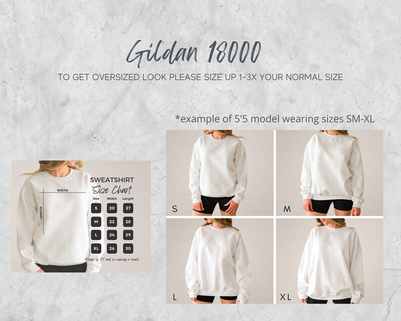 May include: A size chart for Gildan 18000 sweatshirts, showing the width and length measurements for sizes S, M, L, and XL. The chart also includes a note that the model is 5'5" and is wearing a size small.