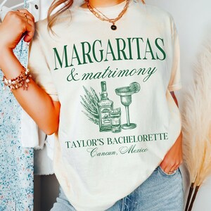 custom location bachelorette shirts, margaritas and matrimony bridal party tshirts, mexico bachelorette, final fiesta beach bachelorette tee